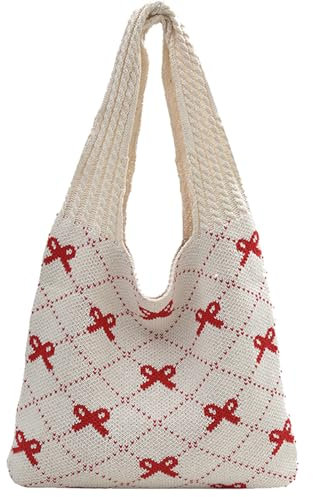 ibalulu Strandtasche Umhängetasche Damen Handtasche Gestrickte Tasche Shopper Tasche Damen-Strick- Schleifen-Häkeltasche Tote Bag Schultertasche für Einkaufen Urlaub Reise (Beige)