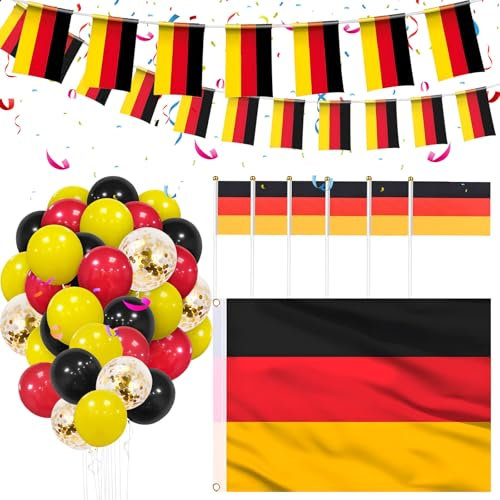 Hillylolly 92 Stück XXL Deutschland Deko Dekoration Set, Deutschland Flagge 90x150 cm, Deutschland Girlande 6m, 10 Klein Deutschland Flagge, 70 Rot Gelb Schwarze Luftballons für Nationalfeiertag WM EM