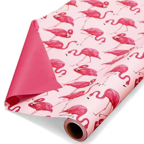 JarThenaAMCS Flamingo-Geschenkpapier, Mini-Rolle, 43,2 cm x 100 cm, doppelseitig, rosa Flamingo, Geschenkpapier, tropisches Kunstpapier für Sommer, Geburtstag, Hochzeit, DIY Handwerk