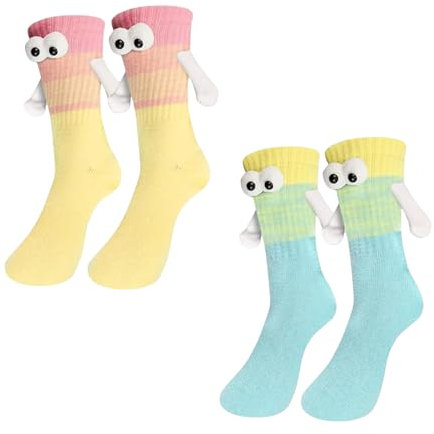 Kinretixia 2 Paar magnetische Hand-in-Hand-Socken, lustige 3D-Freundschaftssocken, Magnet, mittlere Röhre, lustige magnetische Paarsocken, Geschenke, hellblau/gelb