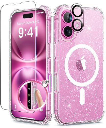 BERFY Compatible with iPhone 16 Plus Case, [Compatible with Magsafe], with 2X Screen Protector + 2X Camera Lens Protector, Clear Sparkly Shockproof Hard Phone Case for Women 6.7, Magnetic Shiny Clear