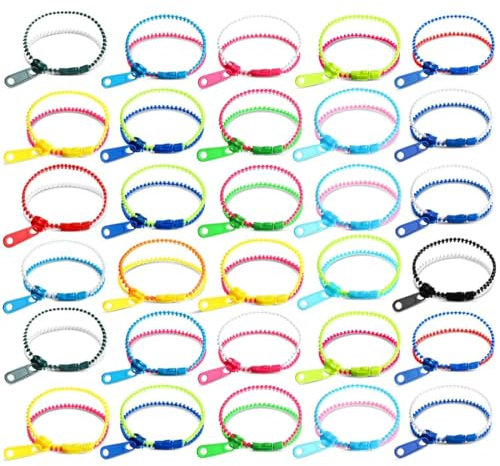 30 Pcs Gemischte Farben Reißverschluss-Armbänder, Sensorisches Spielzeug, Stressabbau und Freundschaftsarmbänder für Kinder - Modeschmuck und perfekte Geburtstagsparty-Geschenke