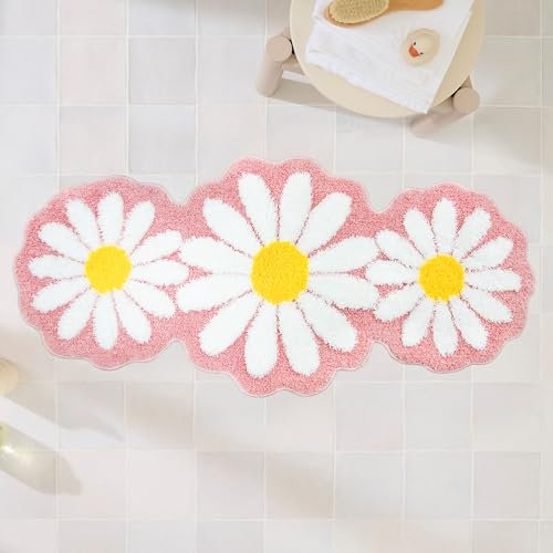 Badezimmerteppich, Gänseblümchen, niedliche Blume, Badezimmerläufer, rutschfest, saugfähig, Mikrofaser, Langer Badezimmerteppich, rosa Dekor für Schlafzimmer, Badewanne, 60 x 130 cm