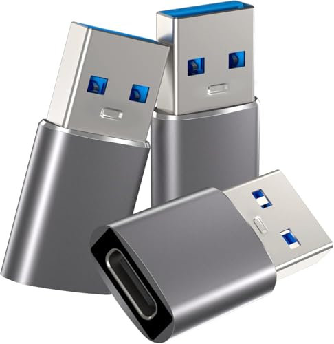 USB C Female to USB Male Adapter (3-Pack) – Type-C to USB-A Converter for Fast Charging & Data Sync – Compatible with iPhone 15/14/13/12, iPad Air, MacBook, Galaxy S21/S20, and More (Dark Silver)