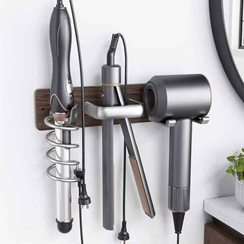 Tindbea Support Seche Cheveux, SupportPour Fer à Boucler Support Pour Fer Plat, SupportMural Pour Sèche-Cheveux, 3 en 1 Pour Outils de Coiffure dans la Salle de Bain, Noyer Nickel Brossé