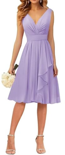 WSEYU Kleid mit V-Ausschnitt, kurze Brautjungfernkleider, Rüschen, Chiffon, Abschlussfeier, Cocktailparty, Kleid, Flieder, 42