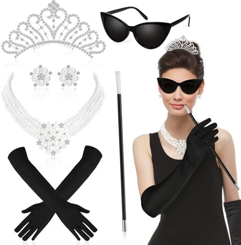 HOWAF 20er Jahre Kostüm Damen, 20er Jahre Accessoires Kristall Tiara Krone, Perlenkette Ohrringe Handschuhe Sonnenbrille für 1920 Kostüm, 20er Jahre Halloween Kostüm, Fasching Karneval Kostüm