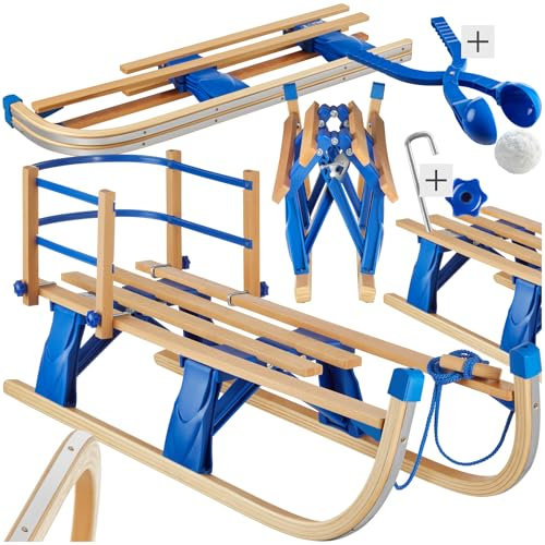 tectake® Schlitten klappbar, Holzschlitten mit Rückenlehne, Kinderschlitten, Faltbarer Schlitten, Schlitten 2 Kinder, Zugseil Schlitten, Rodel Schlitten, Schneeschlitten + Schneeballzange