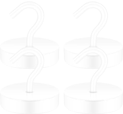 Neosmuk Magnetic Hooks, 120lb Extra Strong Magnet with Hook for Fridge,Heavy Duty Cruise Hook for Ceiling,Small Magnetic Holder for Van, Tool(White, Pack of 4)