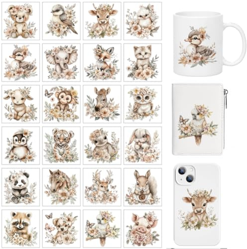 arricraft 24 Stück Boho Tiere Motiv UV DTF Tasse Transfer Aufkleber | 3.2x3.2 Süße Tiere Umgeben von Blumen Wasserfest Rub On Sticker Möbelfolie Selbstklebend für DIY Flaschen, 16oz Glas, Möbel