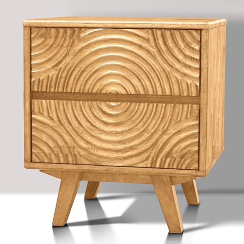Akazie Harmony Massivholz Nachttisch mit 2 Schubladen - Mid Century Moderner Nachttisch mit geschnitzter Front, Vintage Eichen-Finish, Beistelltisch für Schlafzimmer oder Wohnzimmer, einfache Montage