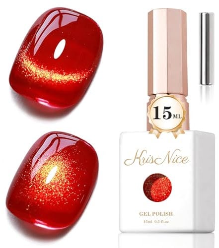 KRISNICE 0.5 OZ Cat Eye Gel Polish with Magnet 15ML Holographic Glitter Shimmer Translucent Jelly Color Magnetic Nail Polish Salon DIY at Home (Gold Red-MY005)