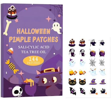 144PCS Halloween Pimple Patches, 12 Styles Spot Patches, Acne Patches with Sali-cylic Acid & Tea Tree Oil, Spot Stickers for Face, Perfect Halloween Gifts for Teenage Girls