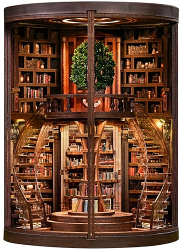 Book Nook Anneaux de Sagesse avec Lumières, Étagères Spirales, Puzzle 3D | Maquette en Bois Adulte à Construire, Serre-Livres Diorama Décoration Bibliothèque, Cadeau Noël Anniversaire