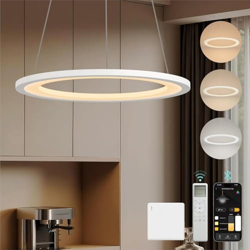 Mai & Mai Pendelleuchte Esstisch mit Fernbedienung & Wandschalter | 60cm, LED Moderne Hängelampe, stufenlos dimmbar 3000K–6000K, höhenverstellbare Design 30W Esstischlampe, Sandweiß, Luvina01
