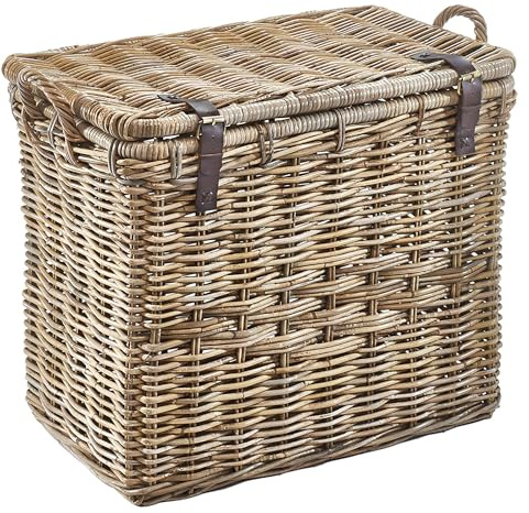 Kobolo Aufbewahrungskorb Rattan 72x43x58 cm grau – geflochtener Allzweckkorb mit Deckel & Griffen, stabile Universaltruhe als Aufbewahrungsbox für Wäsche, Decken & Spielzeug, im Landhaus Look