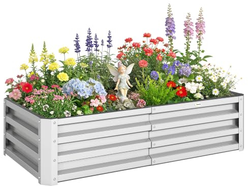 Outsunny Jardinera Exterior Grande Acero Galvanizado 120x60x30,5 cm Plata | Huerto Urbano Elevado, para Cultivar Plantas Flores Hierba, Macetero Exterior Rectangular, con Fondo Abierto