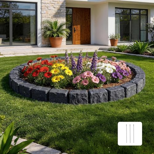 VEVOR Bordure de Jardin Imitation Pierre 1,19 m Bordure Parterre Aspect Pierre Plastique pour Pelouse Allée, Lot de 1, 6 Briques par Section 1190x155x100 mm, 3 Piquets, sans Creuser, Noir Anthracite