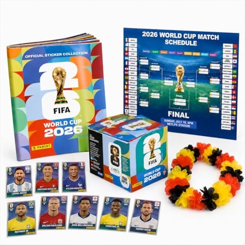 XXL Set Panini Coppa del Mondo 2026 Album Originale, Calendario Partite + Collana di Fiori Germania, Bundle XXL da Collezione (1 Bustina / 13 Figurine)