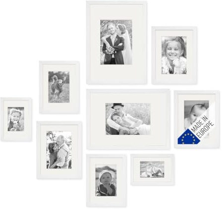 PHOTOLINI Echtholz-Bilderrahmen-Set mit Passepartout, 9er Rahmenset, Weiß, Holzrahmen Made in EU, bruchsicheres Acrylglas, zum Aufhängen, extra Zubehör - für Fotos & Bilder