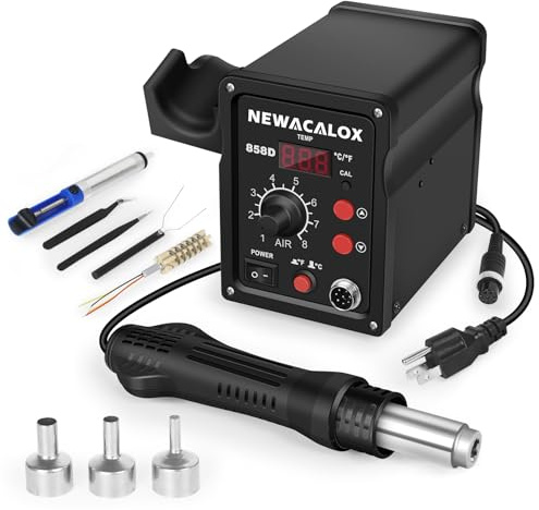 NEWACALOX Station de soudage à air chaud 500 °C avec pistolet à air chaud, débit d'air réglable, station à dessouder pour BGA IC, puce SOIC, QFP, PLCC, etc.