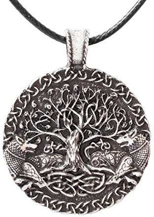 HAQUIL Viking Necklace, Odin Wolves Ravens Tree of Life Pendant, Faux Leather Cord, Viking Jewelry Gift