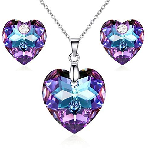 Crystalline Azuria Herzen Schmuck-Set mit Lila Kristalle Halskette Anhänger 45 cm Ohrstecker 18 kt Weiß Vergoldet für Damen