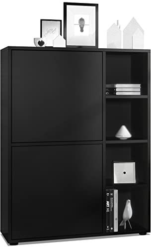 Vladon Highboard Schrank Anrichte Cuba mit 8 Fächern, Made in Germany, Korpus in Schwarz matt/Fronten in Schwarz matt