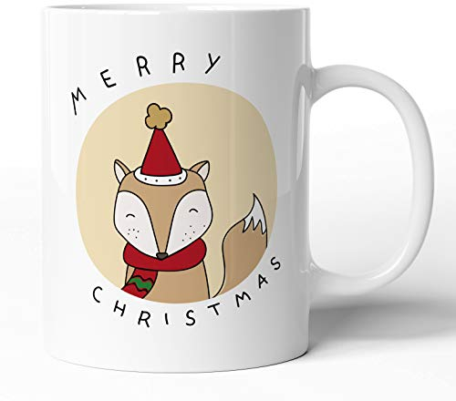 Weihnachten - 300 ml Keramik-Tasse - Weihnachtstassen Weihnachtsbecher Weihnachtsdeko - Lustig Witzig Fun Tasse Becher Kaffeetasse Kaffeebecher Weihnachts-Geschenk (Comic-Fuchs-02, weiß)