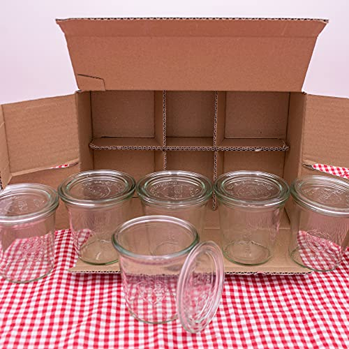 flaschenbauer.de Weck Lot de 6 bocaux, en verre, hauts, vides, 290 ml, avec anneau en caoutchouc, 2 pinces et arceau en métal, utilisables pour la conservation, à remplir, fabriqués en Allemagne