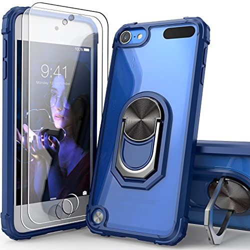 IDYStar Schutzhülle für iPod touch 7. / 6. / 5. Generation, transparent, mit Ständer, 2 HD-Displayschutzfolien, mit integriertem Metall-Magnetständer, Blau