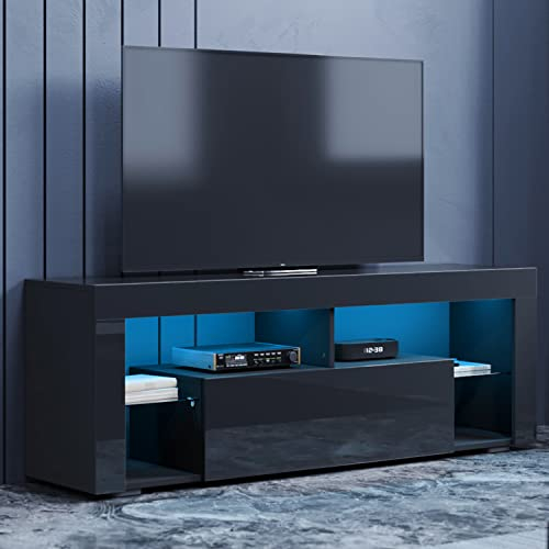 SONNI Mueble TV con LED, Mesa Durable para Televisión, Armario Salón Moderno Negro, Cristal Templado, 140cm