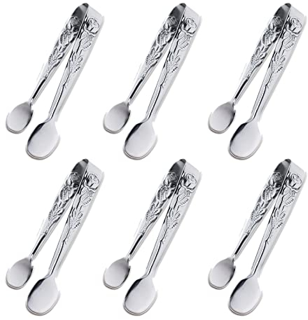 Sunenlyst Mini-Servierzange, 10,2 cm Rose Edelstahl-Zuckerwürfelzange, silberne kleine Eiszange für Tee- und Kaffee-Party, Vorspeisen, Desserts (6 Stück)