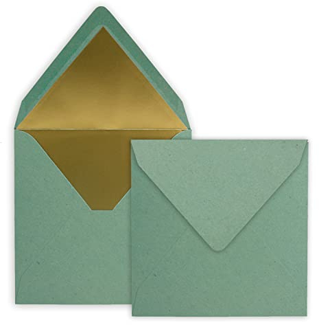 FarbenFroh by GUSTAV NEUSER 50 quadratische Brief-Umschläge - 15,5 x 15,5 cm, Kraftpapier Recycling Eukalyptus - mit Gold-Papier gefüttert - Nassklebung - Vintage-Look