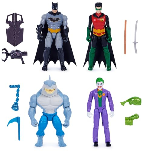 DC Comics, Batman und Robin gegen The Joker und King Shark, 10cm große Action-Figuren, Kinderspielzeug für Jungen und Mädchen