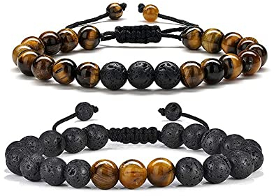 HSAJS Ajustables Pierre Naturelle Œil Tigre Bleu Cordon Tressé Perles Rondes 8mm Bijoux Unisexe
