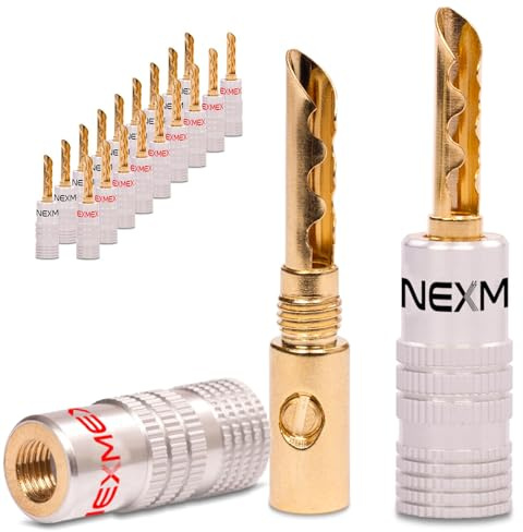 NEXMEX Hohl Bananenstecker 4mm - 20 Stück Stecker als Set - Hohl Steckverbinder 24K vergoldet Hohlbananas für Lautsprecherkabel - HiFi Lautsprecheranschluss