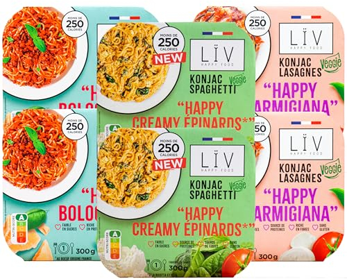 LÏV Happy Food - Assortiments de Plats Cuisinés Individuels - Pâtes sans gluten - Plante Konjac - Pâte de Konjac - Gluten Free, Faible en calorie - 6x300g
