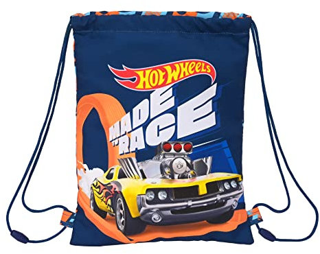 HOT WHEELS Speed Club - Mochila Saco Plano Junior, Mochila, Ideal para Niños de Diferentes Edades, Cómoda y Versátil, Calidad y Resistencia, 26x34 cm, Color Azul marino y naranja