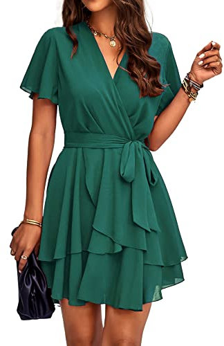 Jiraewh Damen Chiffon Kurz Kleid V-Ausschnitt Kurzarm Sommerkleid Tunika Kleider Einfarbig Elegant Rüschen Minikleid Casual Swing Skater Kleid Hohe Taille Partykleid Wickelkleid mit Gürtel (5086-GN,M)