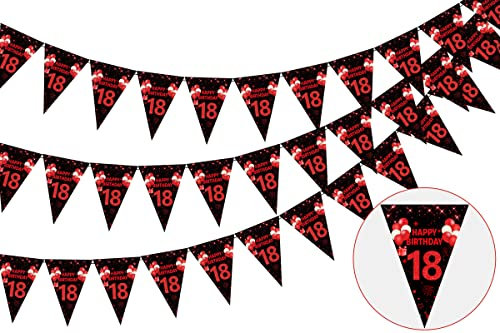 Cheereveal Paquete de 3 banderines de cumpleaños número 18, 36 banderas triangulares rojas y negras, decoraciones de 18 cumpleaños, banderines de cumpleaños para niños y niñas, suministros de fiesta