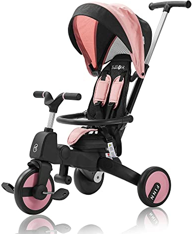FableKids Dreirad 7in1 Kinderdreirad Kinder Lenkstange Fahrrad Baby Kinderwagen | Elternlenkung |Verdeck | ab 18 Monaten | 360° Sitz | Pink