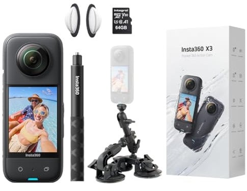 Insta360 X3 - Cámara de acción de 360 Grados x Fat Gecko Kit de Montaje de Coche para dron de vehículo, 3ª Persona/Video GTA, Incluye Palo Selfie Invisible, Protectores de Lente + 64 GB
