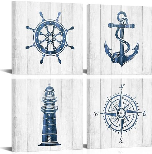 VANSEEING Nautische Wandkunst, Strand-Thema, Anker, Leuchtturm, Badezimmerdekoration, Bootshelm, Gemälde, Bilder auf Leinwand, blau-graues Kunstwerk, fertig zum Aufhängen, für Badezimmer, Wohnzimmer,