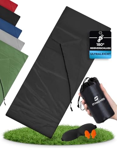 STYNGARD 2in1 Hüttenschlafsack Ultraleicht aus Mikrofaser [200g] - Ultraleichter Schlafsack kleines Packmaß - Dünner Schlafsack Inlett leicht & weich - Modell Hanoi (mit Reißverschluss, Schwarz)