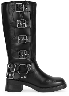 BOSANOVA Stivali alti stile biker realizzati con dettaglio ad anello metallico e fibbie decorative sulla canna e suola piatta con tacco leggero da 4,7 cm senza chiusura. Scarpe da donna, Nero , 38 EU