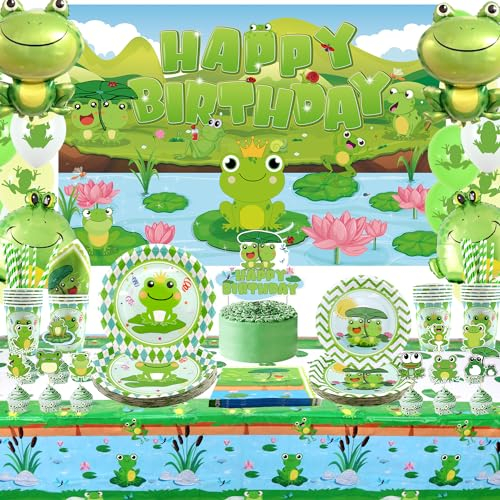 Obussgar Frog Birthday Party Decorations - Party Supplies including Backdrop, Plates, Cake Toppers, Cups, Napkins, Balloons, Tablecloth for Baby Shower - Serves 20