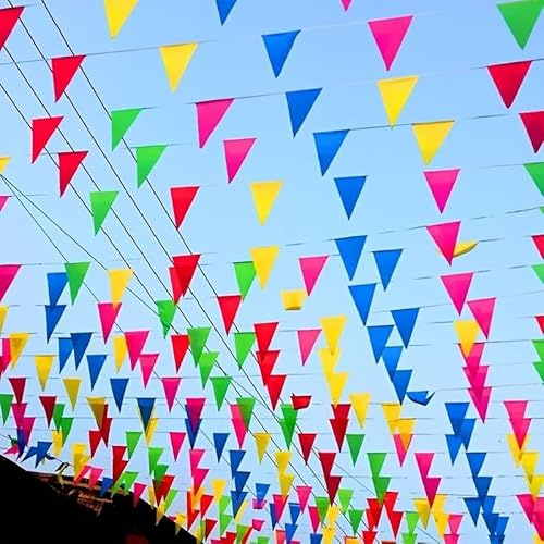 Lot de 5 guirlandes de fanions de 100 m en tissu dans des couleurs vives pour décoration de fête en intérieur et en extérieur