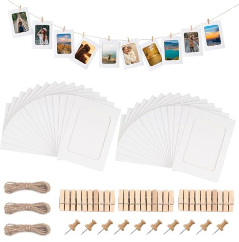 JINTANG 30 Pcs Fotorahmen aus Pappe,10 x 15 cm Kraftpapier Bilderrahmen,fotogirlande,DIY Hängende Wanddekoration mit 30 pcs Clips und 3 pcs Hanf Seile Set(Weiß)
