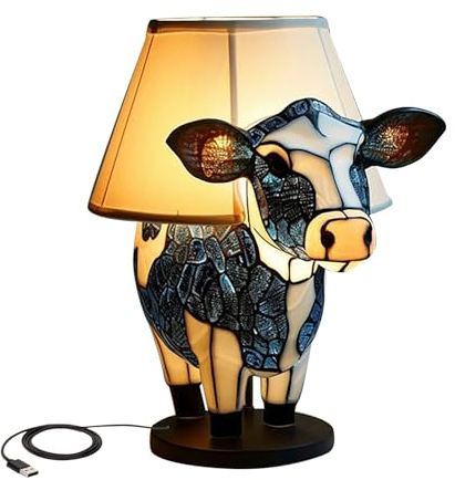 Glasmalerei Tiere Tischlampe, Vintage Tischlampe mit USB-A+C-Anschlüssen, Harz Tierlampe Nachttischlampe für Schlafzimmer Wohnzimmer Arbeitszimmer Büro Deko (Yellow, One Size)